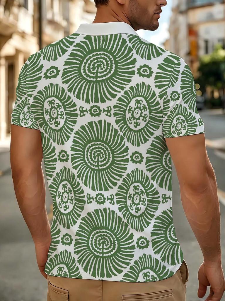 [Printed Design - Not Textured] White Collar Olive Green Mandala Sunflower All-Over Print Men'S Short Sleeve Polo Shirt