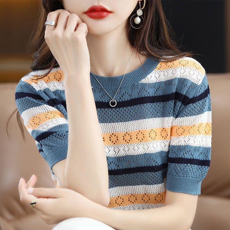

Summer Women s Knitted Ice Silk T-shirt Summer Hollow Striped Color Blocked Knitted Short Sleeved Women 2XL