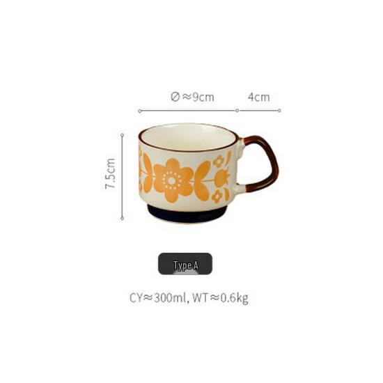 Japanese Retro INS Ceramic Drip Coffee Mug with Print - Stackable Creative Couple Breakfast Cup