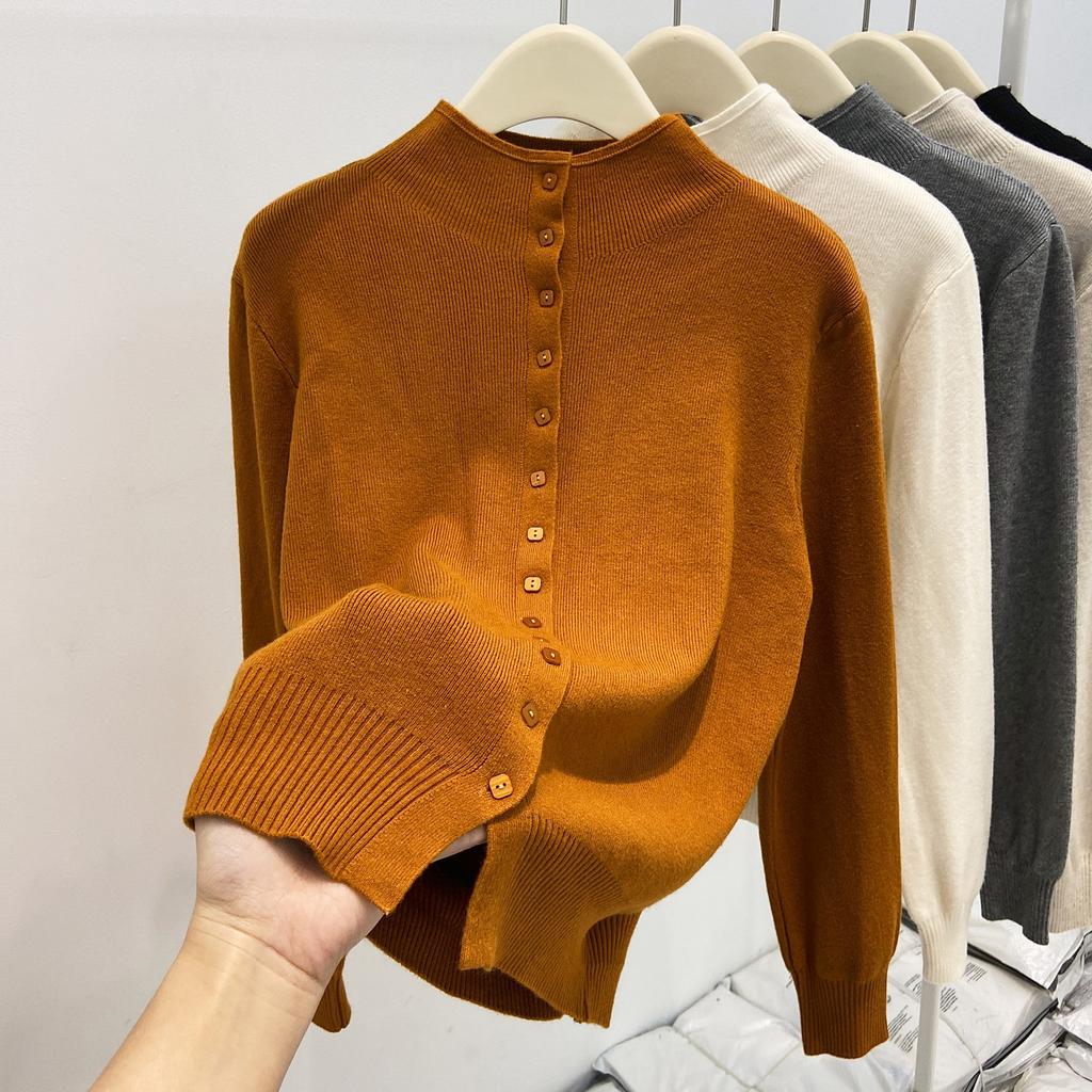 Premium Gray Autumn and Winter Stacked Wear Semi-turtleneck Long-sleeved Sweater Lazy Style Loose Casual Knitted Cardigan Top Women's Outfit