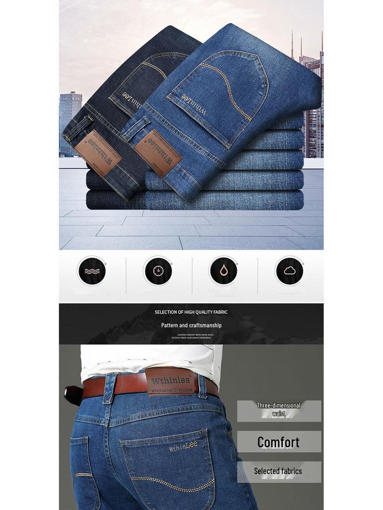 Wthinlee Men's Mid-High Waist Straight Leg Jeans - Spring & Autumn Business Casual Trendy Long Pants