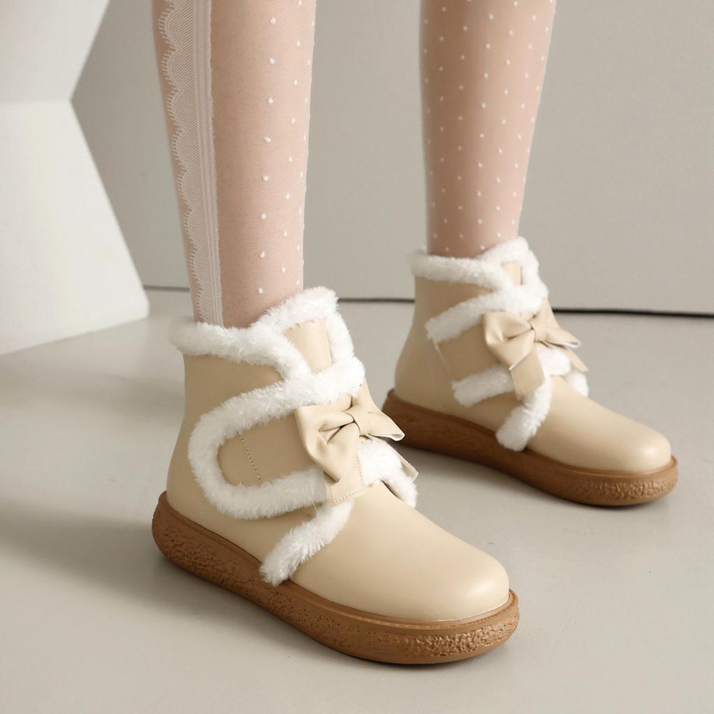Cute Boots Women Winter Boots Lined Fashion Mid Calf Boots For Women Warm Fuzzy Boots Comfortable Womens Boots With Bowknot