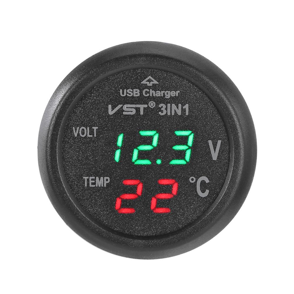 Car Voltmeter Tester 3in1 Digital Voltmeter Thermometer Blue Red LED Display 12/24V 2.1A Cigarette Lighter USB Car Charger