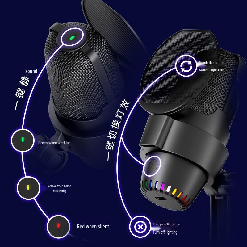 RGB USB Desktop Microphone with One-Key Noise Reduction for Gaming and Live Broadcasts