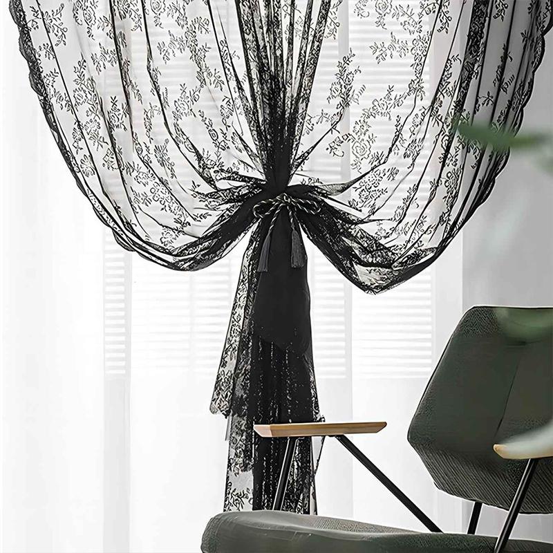 1pc Floral Embroidery Lace Curtain Vintage Flower Tulle Ruffle Sheer Curtain Panel Sweet Romantic Bedroom Window Decor Drapes