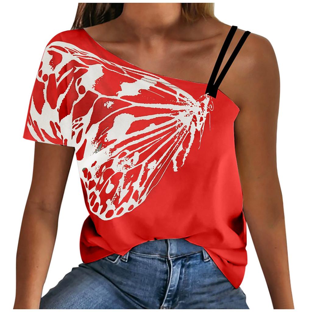 Women Summer Casual Printing Cold Shoulder Short Sleeve Tunic Shirt Tops Blouse