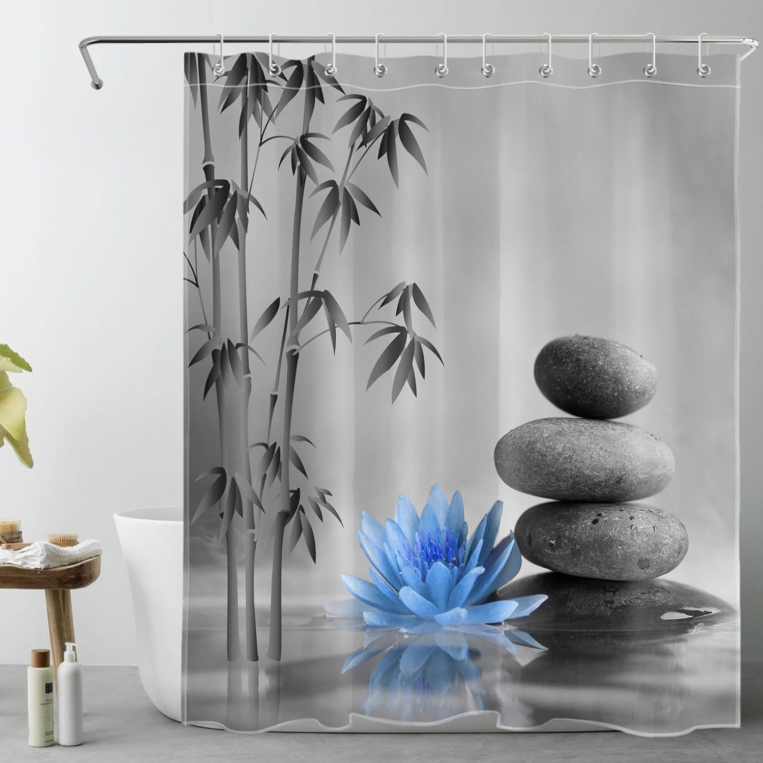 

Zen Spa Shower Curtain Grey Bamboo Stone With Teal Water Lily In Water Bathroom Shower Curtain Teal And Gray Bathroom Curtain W60H190(CM)-1 Pcs