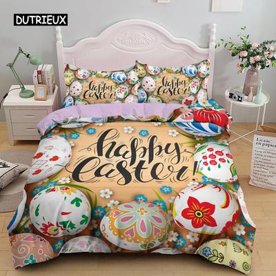 Ensemble Housse de Couette Oeuf de Pâques Dessin Animé Mignon Oeuf Ensemble de Literie Thème Joyeuses Pâques Housse de Couette pour Enfants Adolescents Linge de Lit en Microfibre