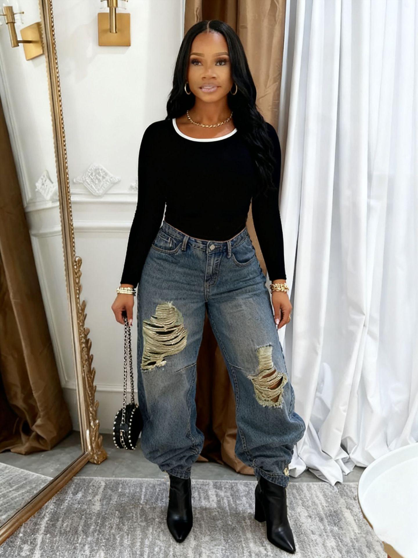 High-Waisted Ripped Washed Denim Jeans - 2026 Spring/Summer Collection (LT0022) L