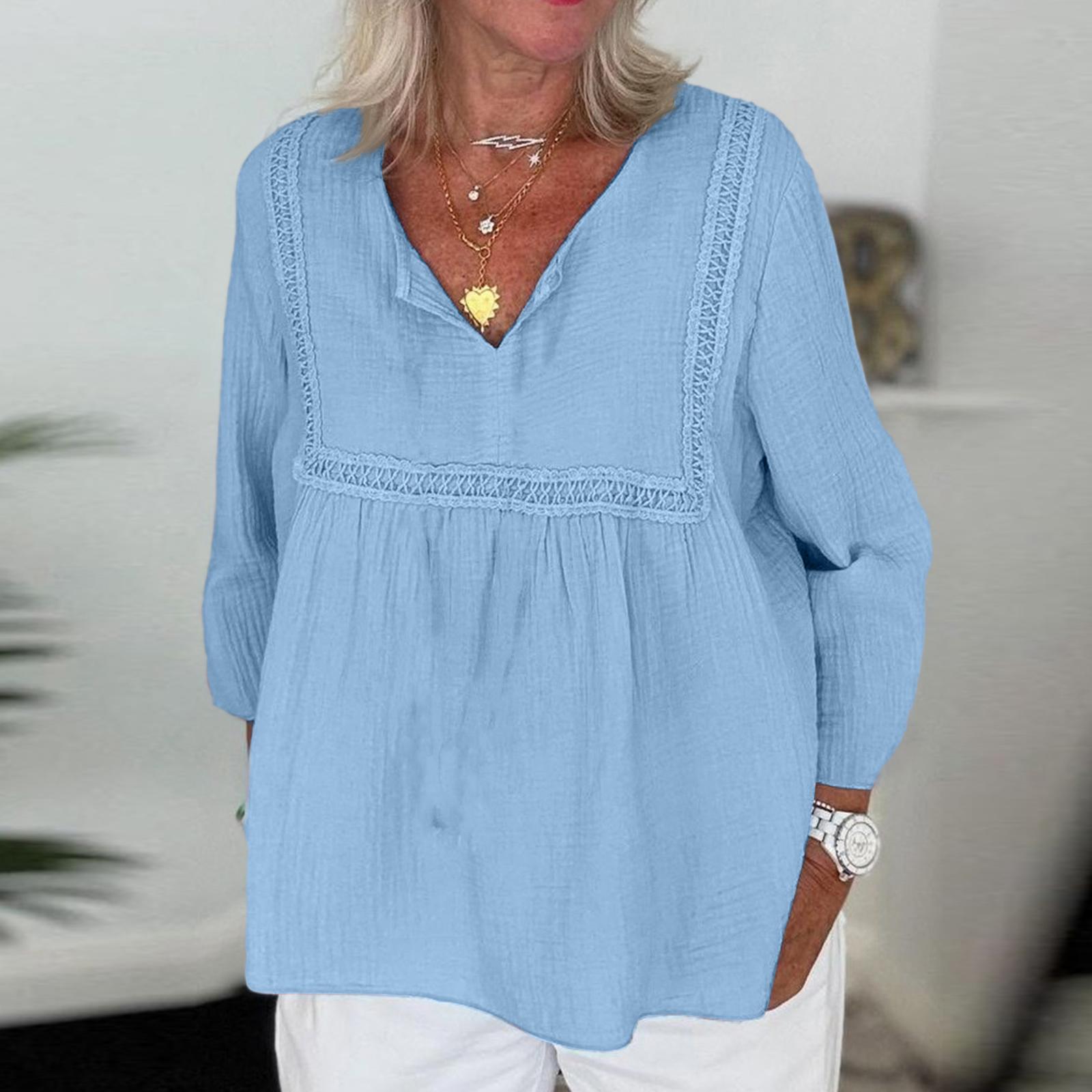 Women s Color Casual V-neck Long Sleeved Pullover Cotton And Linen Top Shirt S