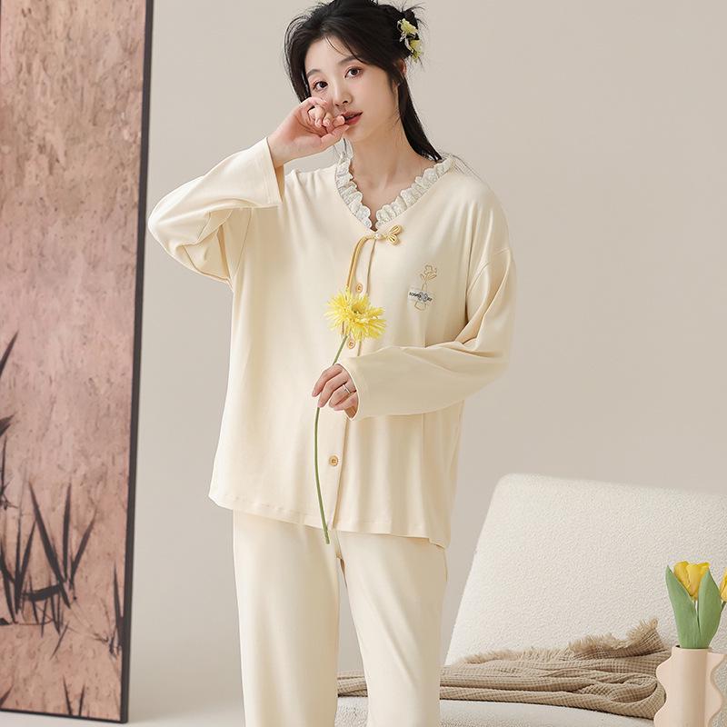 Women's Long Sleeve Cotton Pajamas: Chinese-Style, Loose-Fit, Printed Cardigan Set for Spring and Autumn