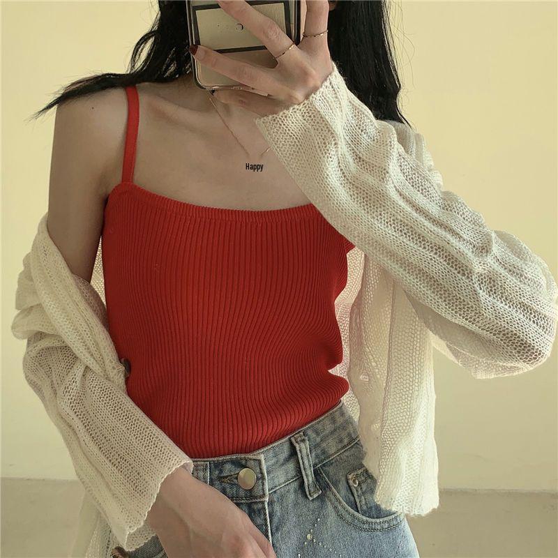 Women's Fashionable Square Neck Knitted Top - Spring/Autumn Design, Short, Versatile, with Bubble Sleeves and a Faux Two-Piece Look.