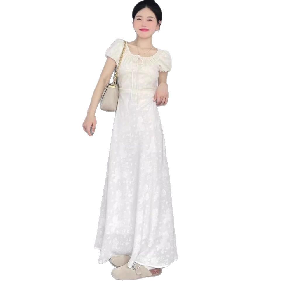 French gentle wind apricot dress women's clothing high-end design sense niche temperament waist thin dress summer