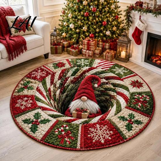 Christmas Floor Mat Round 3D Rug Optical Illusion Area Santa Claus Gnome Quilted-Like Patterned Rug Anti-slip Washable for Living Room Bedroom