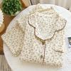 New women's crepe cotton double-layer cotton yarn spring floral lapel loungewear pajamas long sleeves trousers spring and autumn