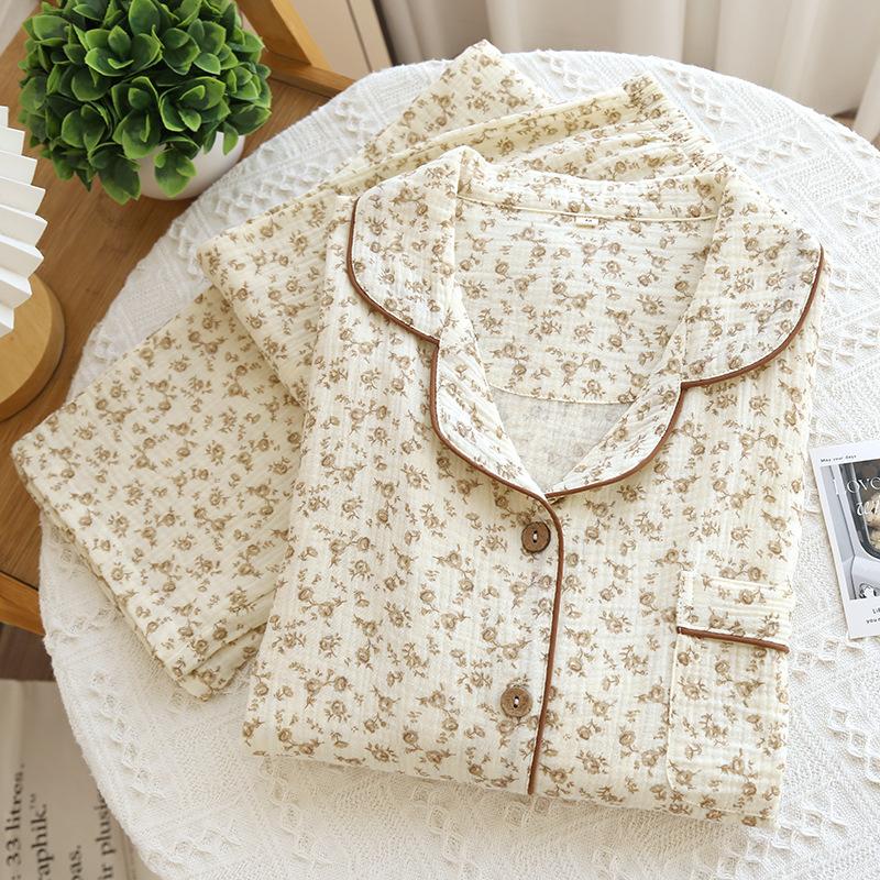 New women's crepe cotton double-layer cotton yarn spring floral lapel loungewear pajamas long sleeves trousers spring and autumn