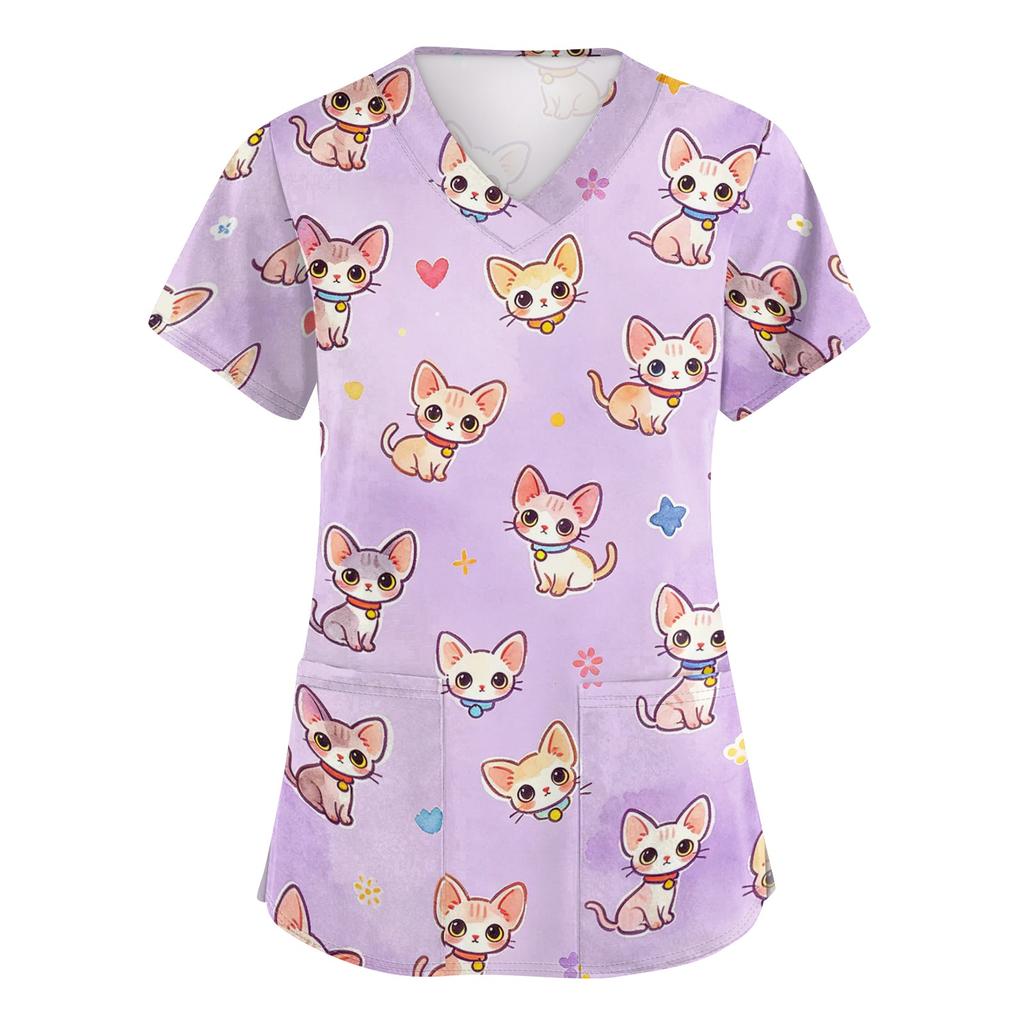 Women's V Neck Short Sleeve Work Top with Pockets Animal Print Medical Scrub Shirt for Healthcare Professionals Comfortable Fit