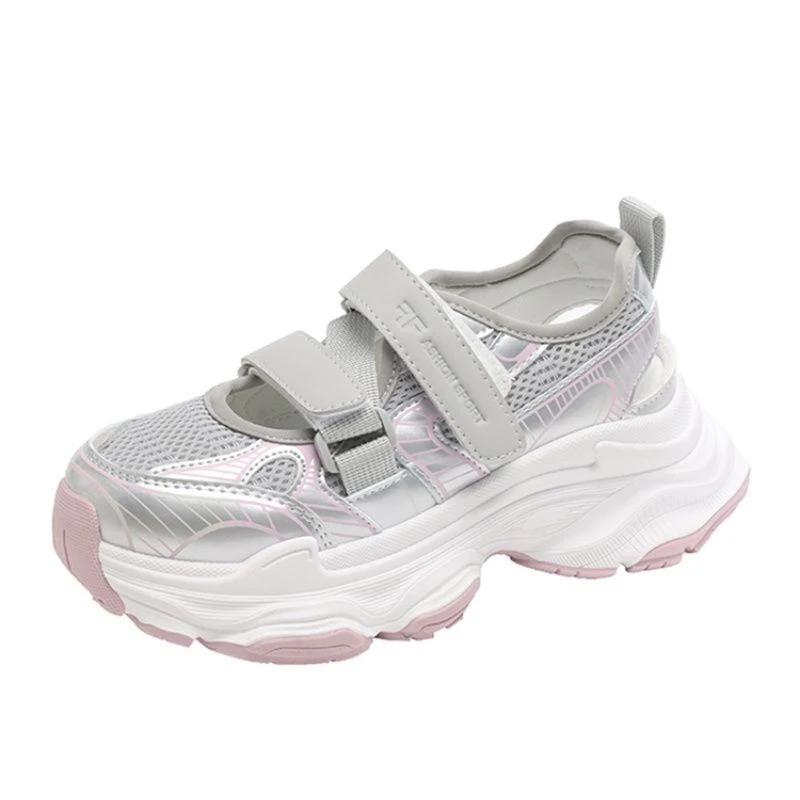 

2025 Новые сетчатые женские вулканизированные туфли для улицы, ходьбы, с вырезами, на платформе, дышащие кроссовки, универсальные женские повседневные сандалии 40 розовый