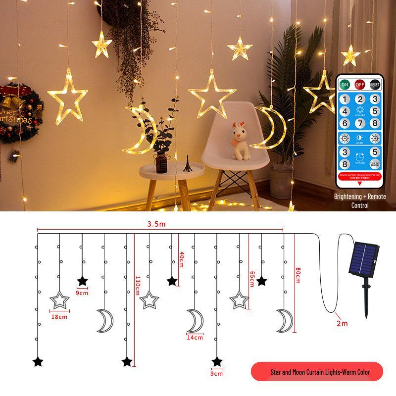 LED Solar String Lights - Colorful Star & Moon Curtain for Outdoor Courtyard and Railings, Perfect for Camping and Christmas Decor.
