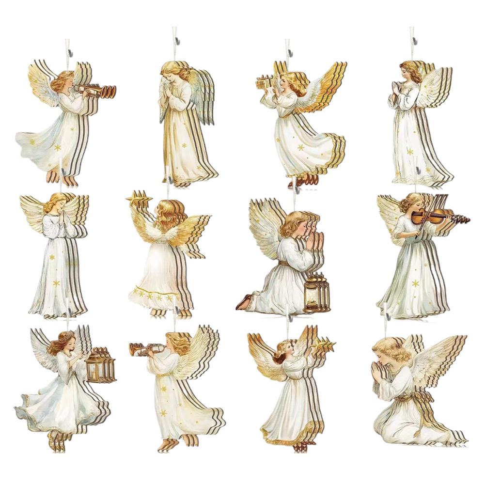 12Pcs Wooden Christmas Ornaments Set Christmas Tree Decoration Angel Ornaments Hanging Decor Pendants Xmas Party Decoration Gift