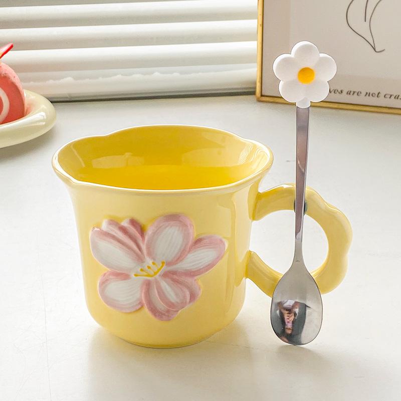 Ins Style High Value Flower Mug Girls Office Ceramic Drinking Cup Korean Coffee Cup Milk Cup