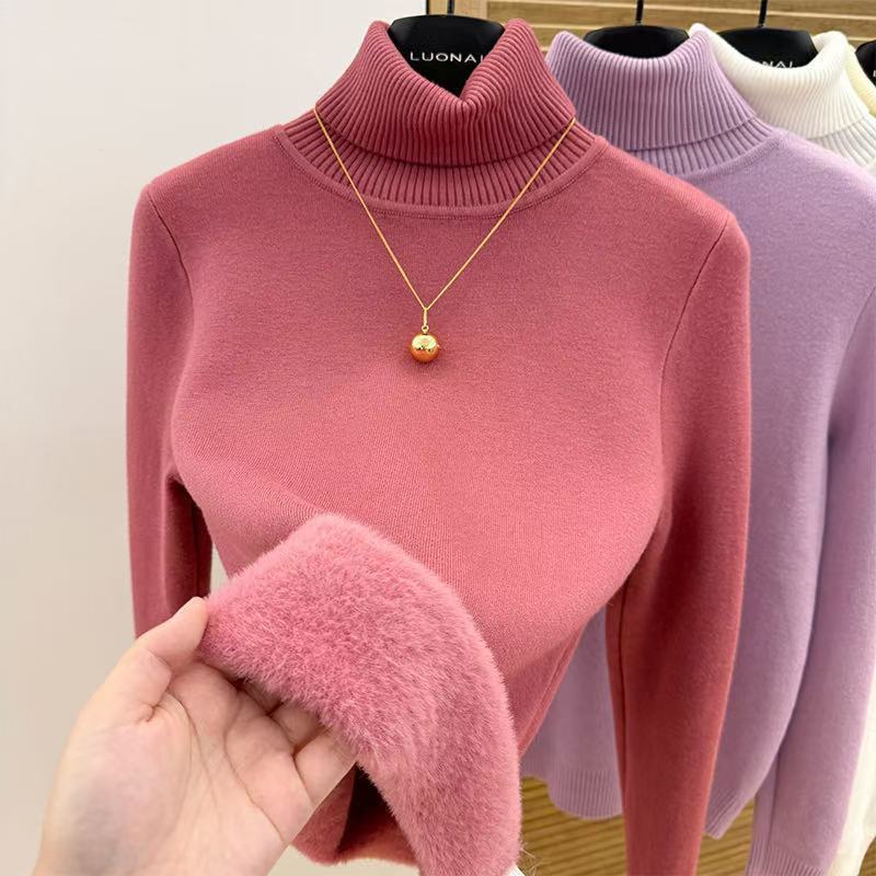 Thick Velvet Turtleneck All-in-one Velvet Sweater for Women in Autumn and Winter, Warm Bottoming Shirt for Women, Fashionable Tops