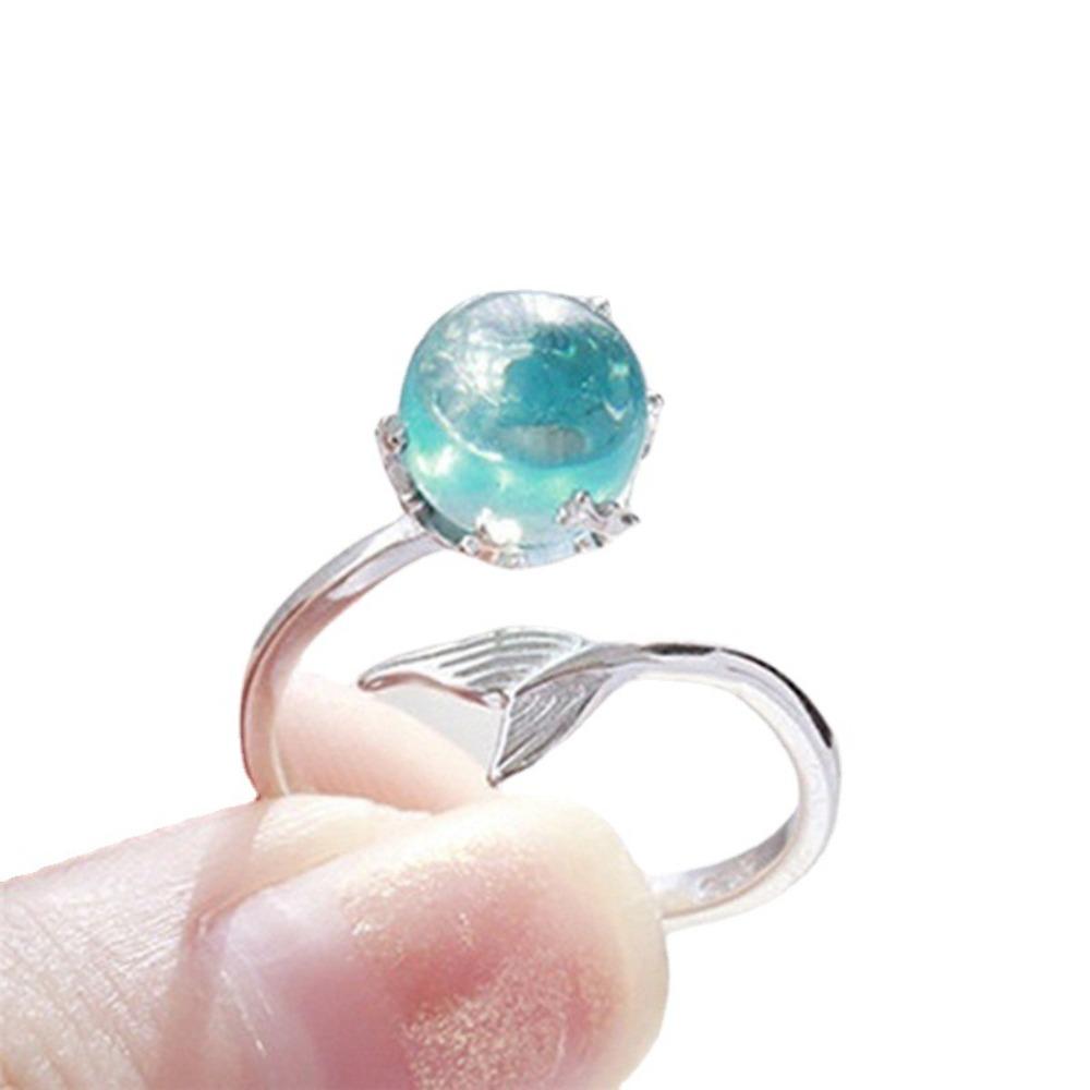 Open Ring Silver Plated Blue Crystal Mermaid Tail Adjustable Stylish Jewelry for Women