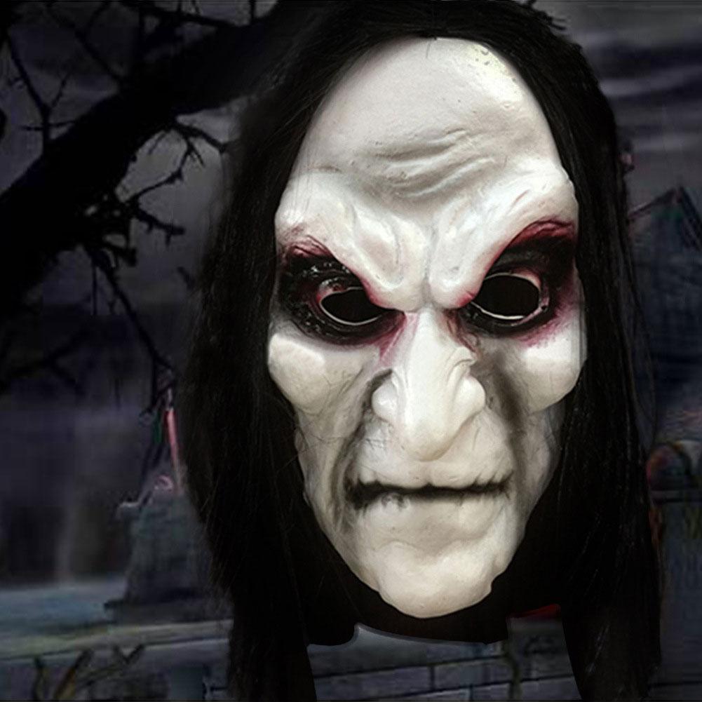 Maschera Zombie in Gomma di Halloween Giorno dei Morti Oggetti di Scena Horror Capelli Lunghi Tessuto Nero Maschera Horror Decorazione Parete Festa in Costume