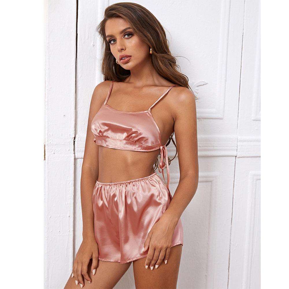 European and American hot sexy ice silk solid color pajamas women's sexy suspender shorts set loungewear two-piece set