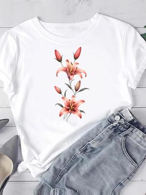 (Asian Size) Clothing T Shirt Women Fashion Flower Floral Cute Tee Top Woman Print Female Short Sleeve Graphic T-shirts