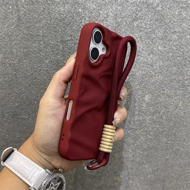 Luxury Matte Wrinkle Matte Wrist Strap Case for iPhone 17 Air 16 15 14 13 12 11 17 Pro Max Candy Ripple Soft Lanyard Cover Funda