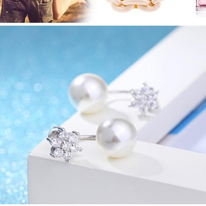 Womens Korean Fashion Elegant 925 Silver Plated Anti-allergy Zircon Crystal Lucky Snowflake Pearl Stud Earrings Female Ear Jewelry Xmas Gift