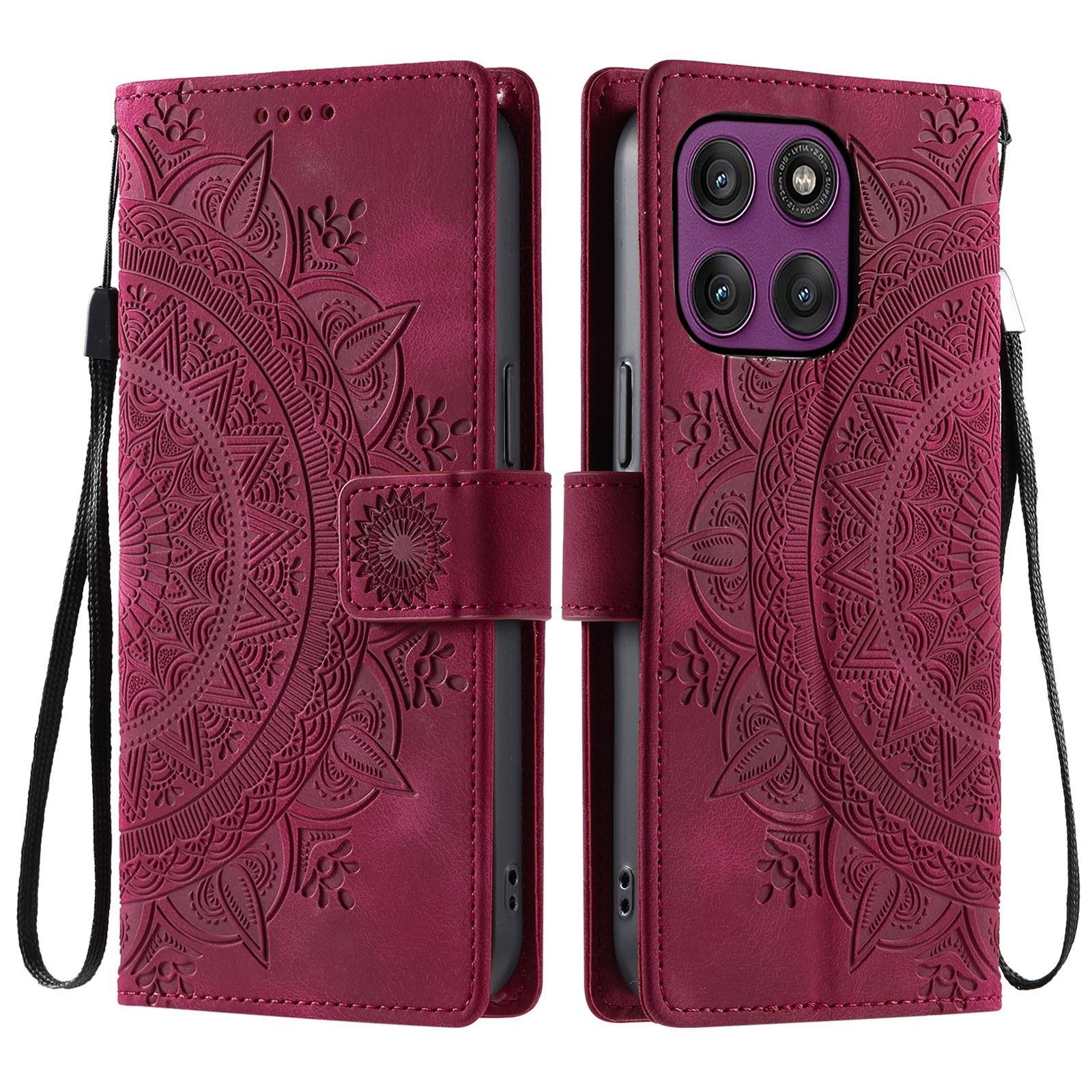 

For Motorola Edge 60 Pro 5G Case Imprinted Totem Skin Feel Wallet Leather Phone Cover with Hand Strap Rose