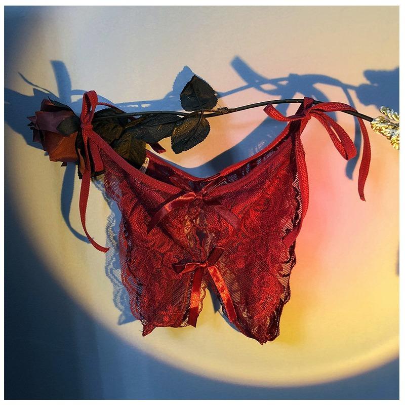 Women's Sexy Hollow Out Thong Lingerie Open Crotch Underwear Lady's Crotchless French Style Lace See Panties with Bow Hot Sale