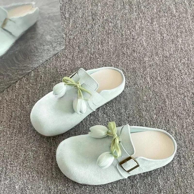 Women's Summer New Round Toe Deep Mouth Bow Flower Non-slip Wear-resistant Flats Platform Baotou Half Slippers Zapatos Mujer