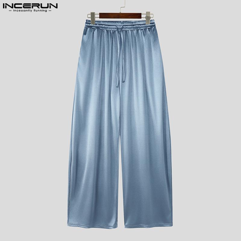 INCERUN Men's Elastic Waist Smooth Shiny Long Wide Legs Pants Trousers and White Semi-Sheer