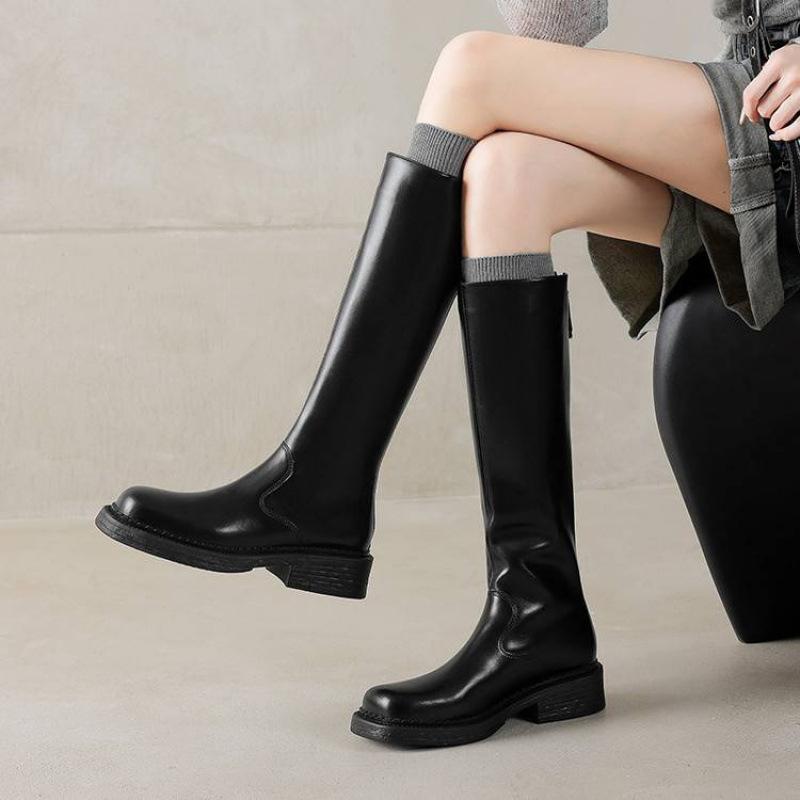 Autumn and Winter Solid Color Leather Large Size Women's Tall Boots Cowhide Middle Heel Comfortable Zipper Fashion Boots New Women's Boots