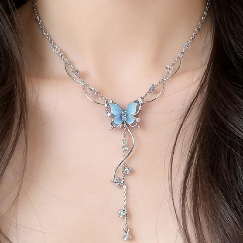 exquisite butterfly tassel fashion fresh women s necklace, a party pendant necklace designed specifically for dresses Blue Butterfly
