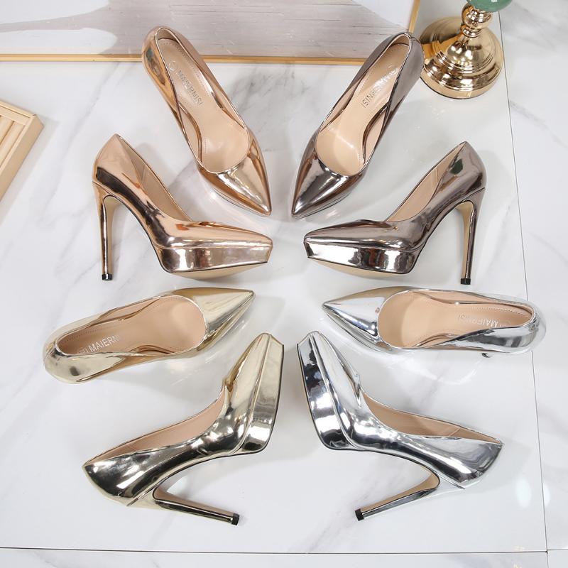 European And American Waterproof Platform Nightclub Women's Single Shoes Pointed Toe Shallow Mouth High Heels Slim Heels Elegant