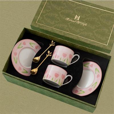 Tulpe Knochenporzellan Herz Kaffeetasse & Untertasse Set - Niedliches Keramik Festival Geschenk