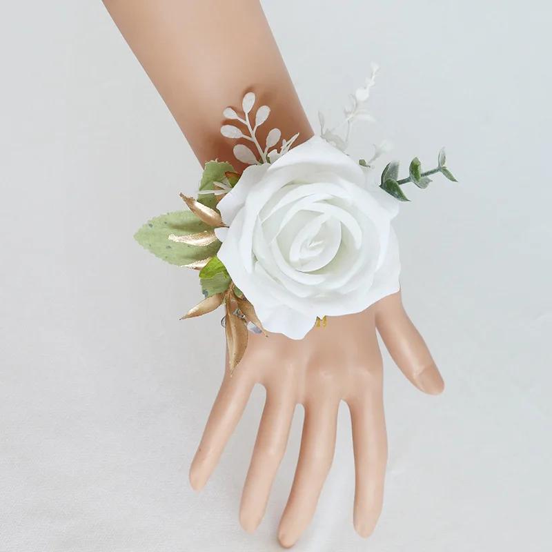 6pcs White Pink Corsage and Boutonniere Set Artificial Rose Wristlet Suit Flower for Men Wedding Party Prom Decoration