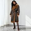 Womens Faux Fur Coat Winter Warm Long Sleeve Belted Slim Fit Mid-Length Outerwear In Brown PU Fabric