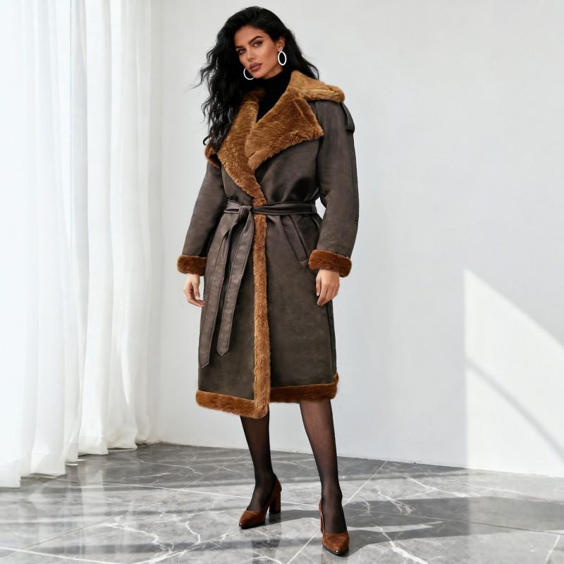 Womens Faux Fur Coat Winter Warm Long Sleeve Belted Slim Fit Mid-Length Outerwear In Brown PU Fabric