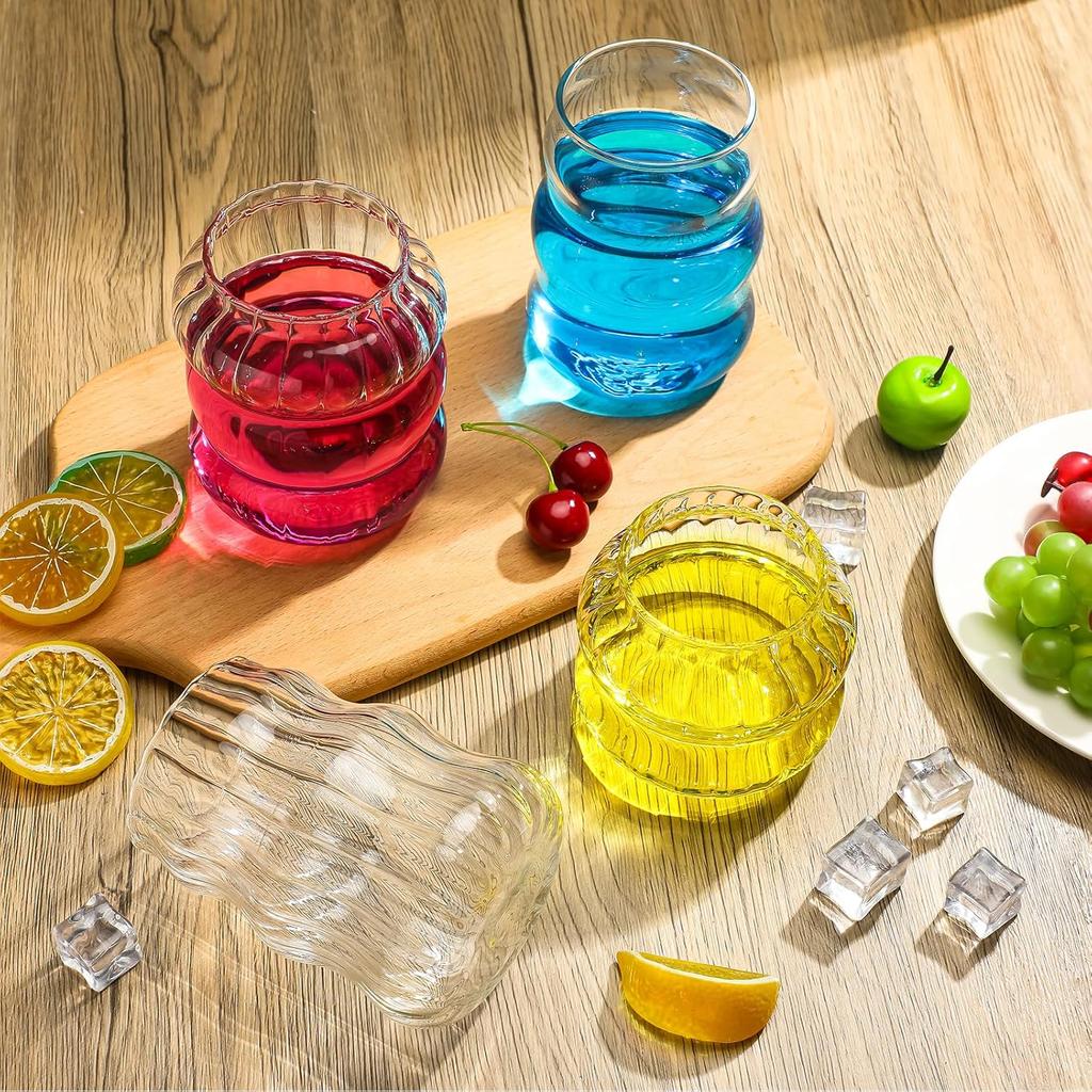 4 Pcs Creative Glassware Set Wave Shape Drinking Glasses with Glass Straw Aesthetic Cups Vintage Ribbed Glass Cups Cute Drinking Glasses for Tea Beer