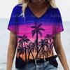 New Women T-shirt Cocoanut Tree Print Oversized Women's Trending Clothing Fashion Short Sleeve Shirt Women V-Neck Blouse 2024