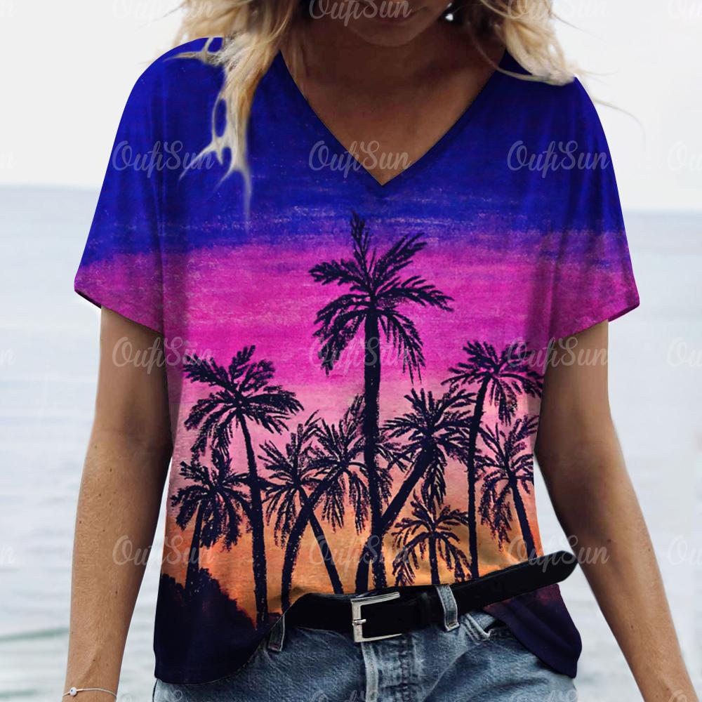 New Women T-shirt Cocoanut Tree Print Oversized Women's Trending Clothing Fashion Short Sleeve Shirt Women V-Neck Blouse 2024