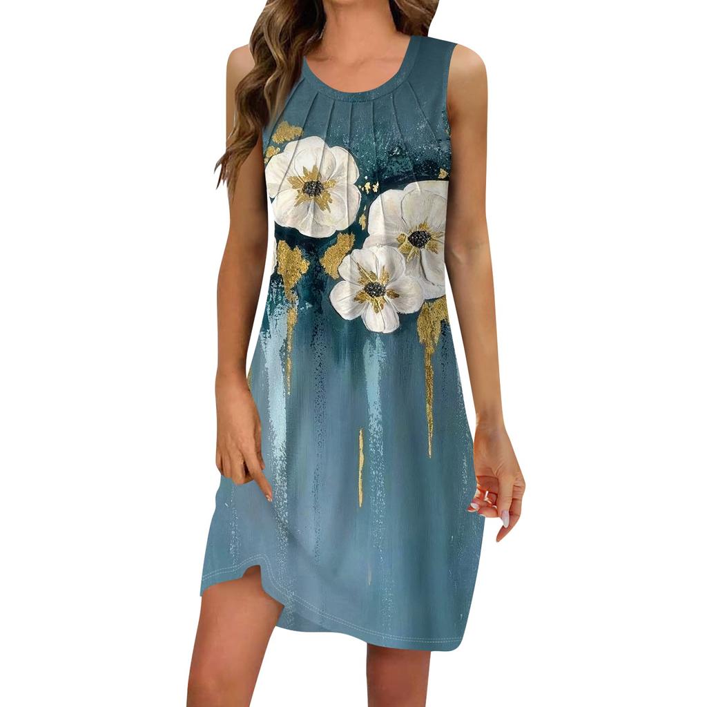 Abiti estivi casual da donna con scollo a U e stampa senza maniche