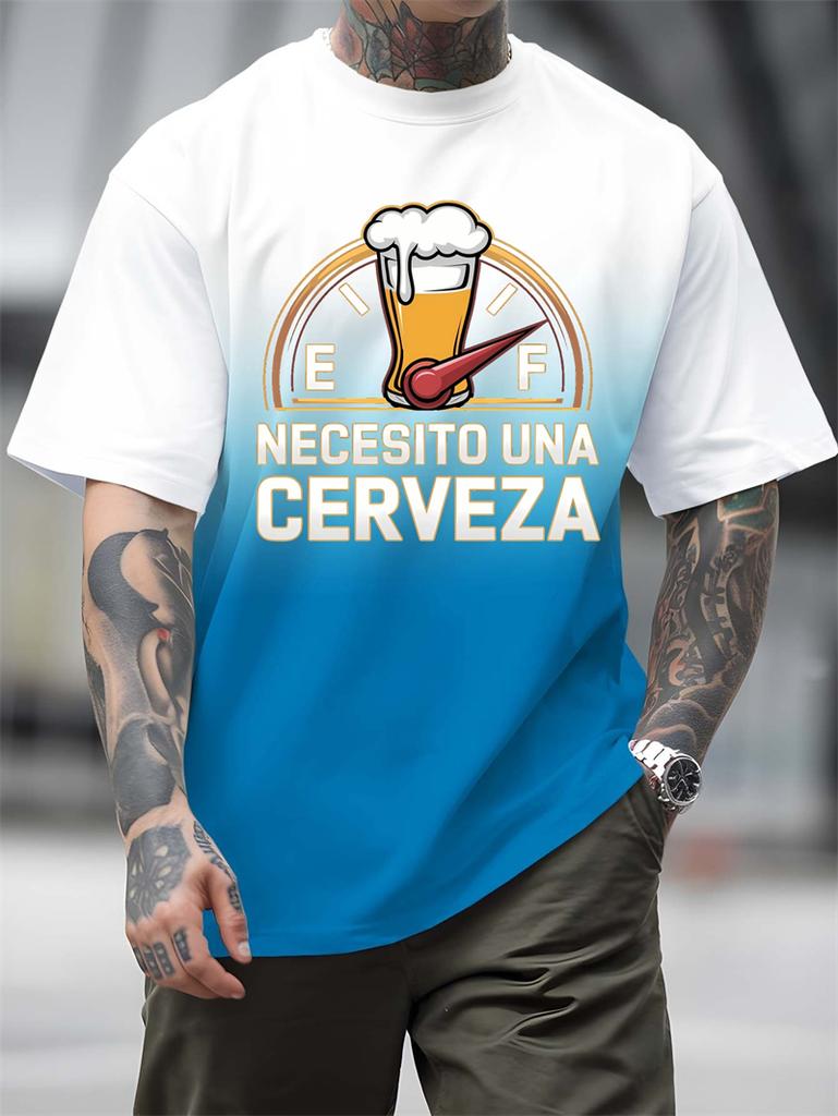 Men's Funny "Necesito Una Cerveza" T-Shirt With Gas Gauge And Beer Glass Print Shirts For Man Cheap Clothes Fashion Funny Tshirt