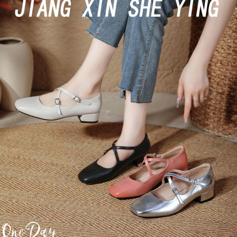 Retro Medium Thick Heel Women's Shoes Lightweight Mary Jane Shoes Cross Strap Square Toe Small Leather Shoes Shallow Mouth Casual Shoes