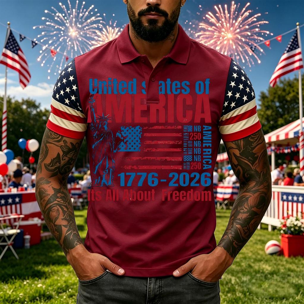 Men's Casual Short Sleeve Polo Shirt with Graphic Print and American Flag Pattern Sleeves Button Down Collar Athletic Fit
